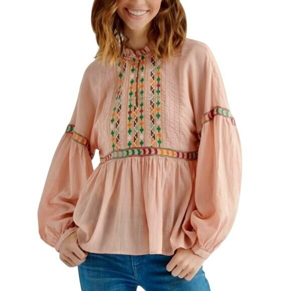 Lucky Brand Womens Peach Embroidered Peasant Blouse Sz L Ruffle Neck BoHo Hippie - Picture 1 of 7